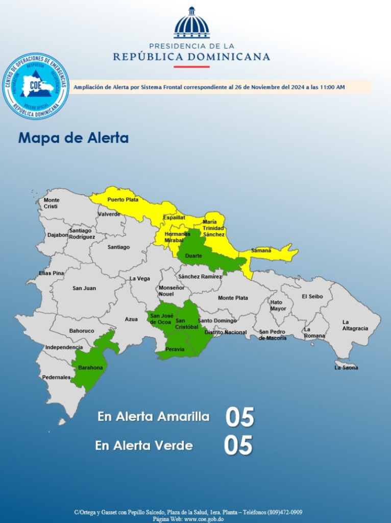 Cinco provincias en alerta amarilla y cinco en verde; mantienen advertencia en el río Nizao